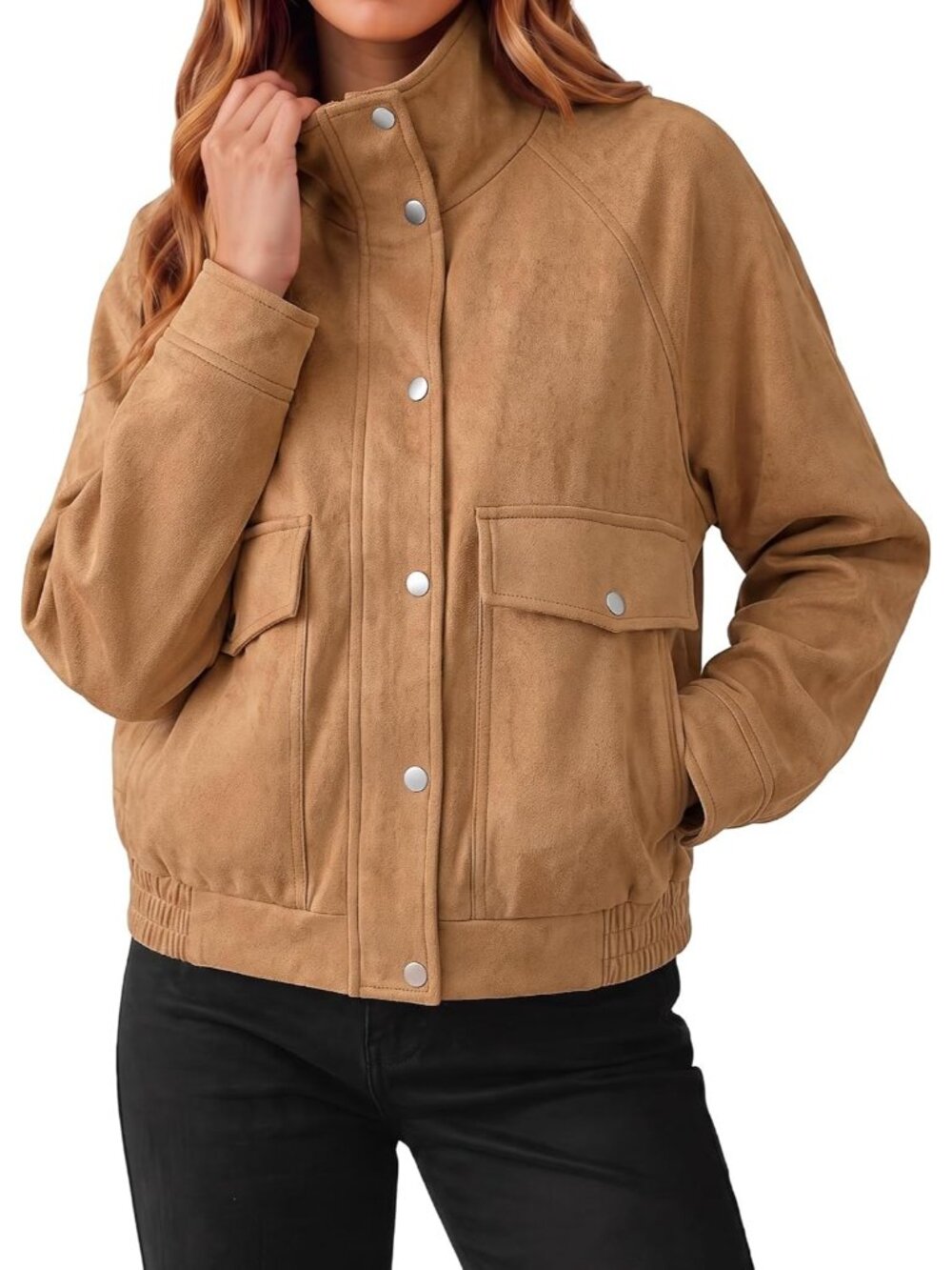 Women Caramel Faux Suede Utility Flap Pockets Stand Collar Zip-Up Bomber Jacket